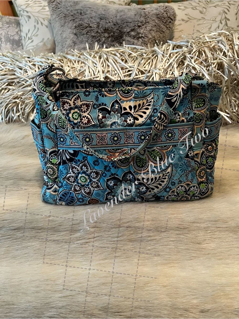 Vintage VERA BRADLEY Bali Blue 2009 Whitney Bag Brown Blue Floral Zip Top Y2K